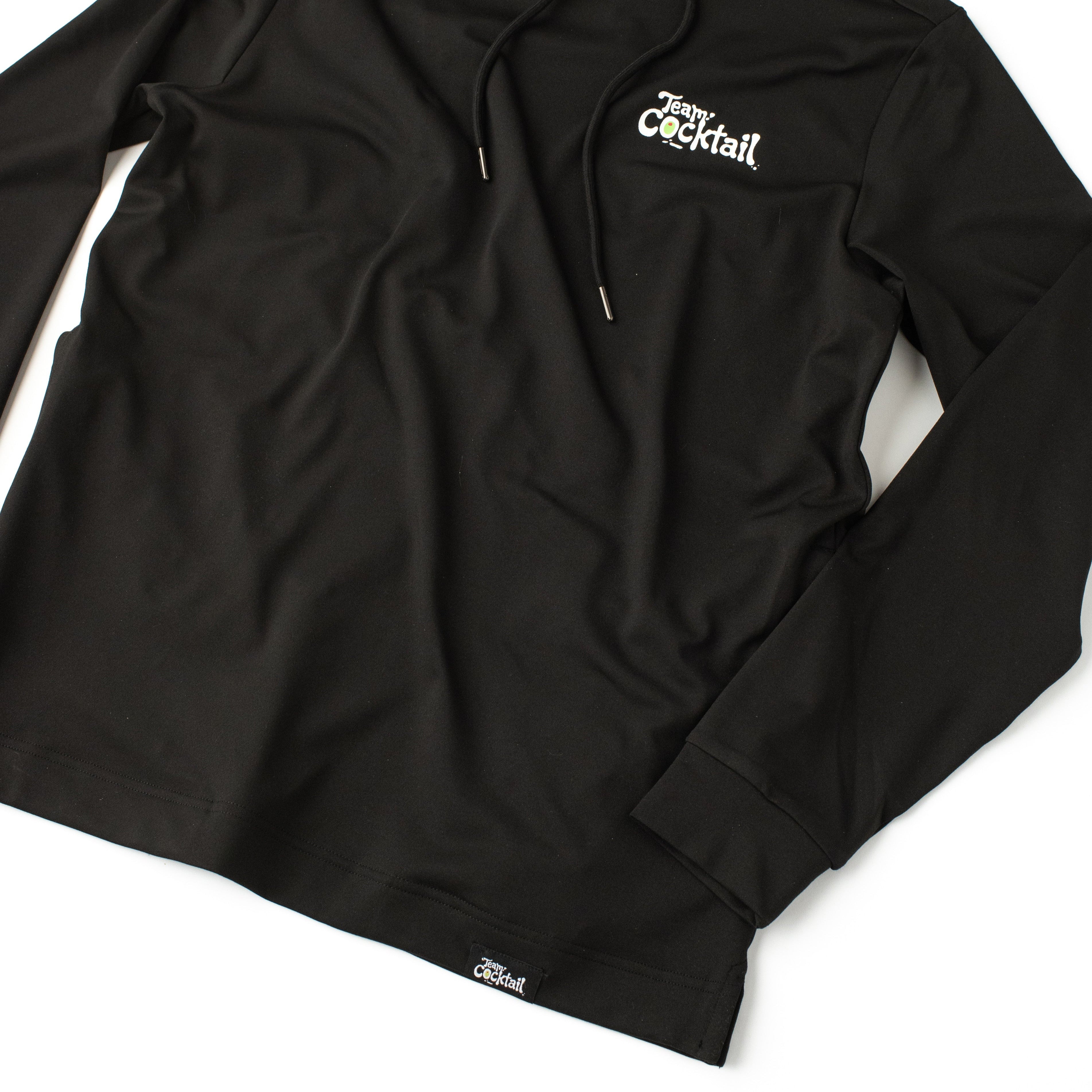 Black hoodie with floral hood and brand logo on a white background