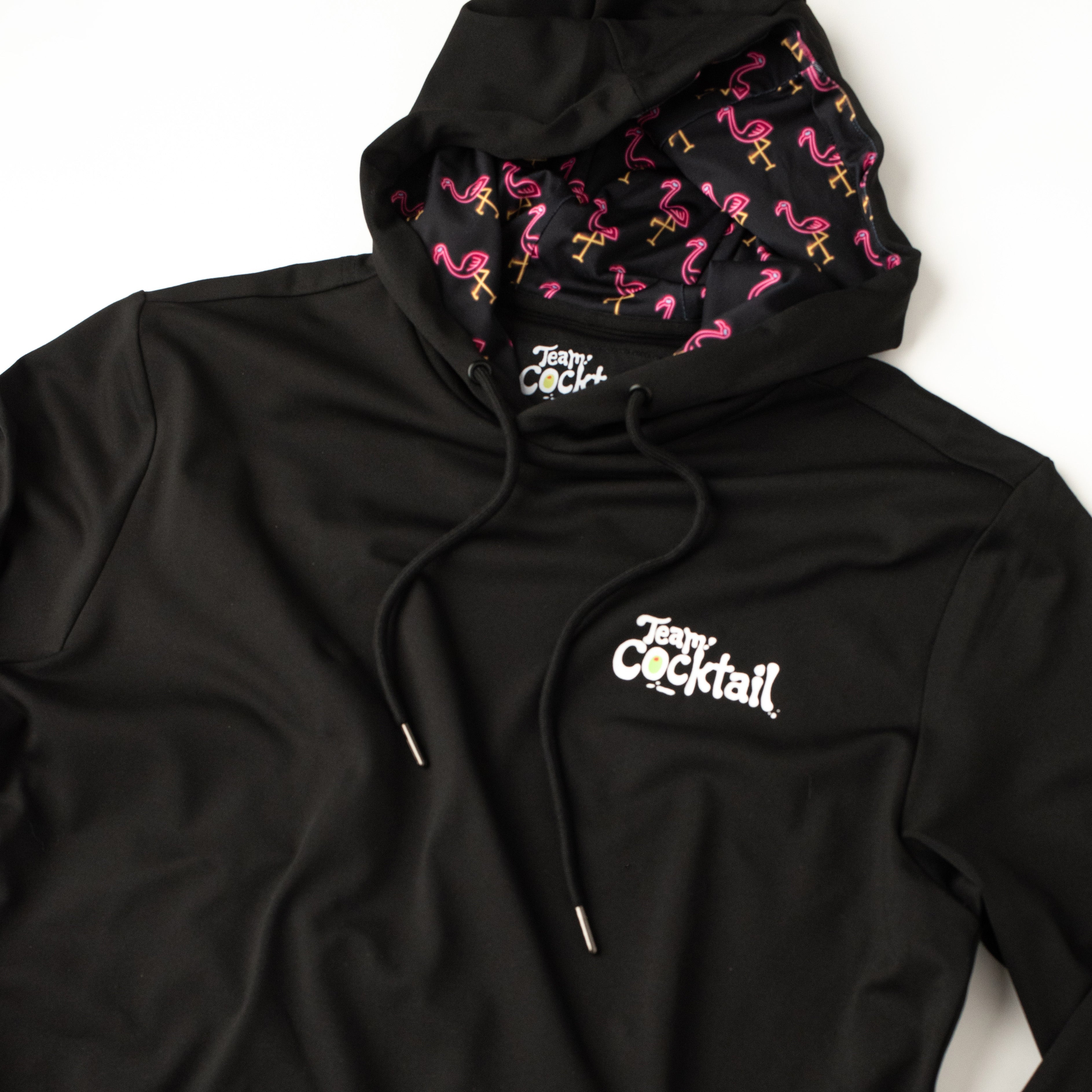 Black hoodie with 'Tequila & Cocktails' text and flamingo pattern on hood