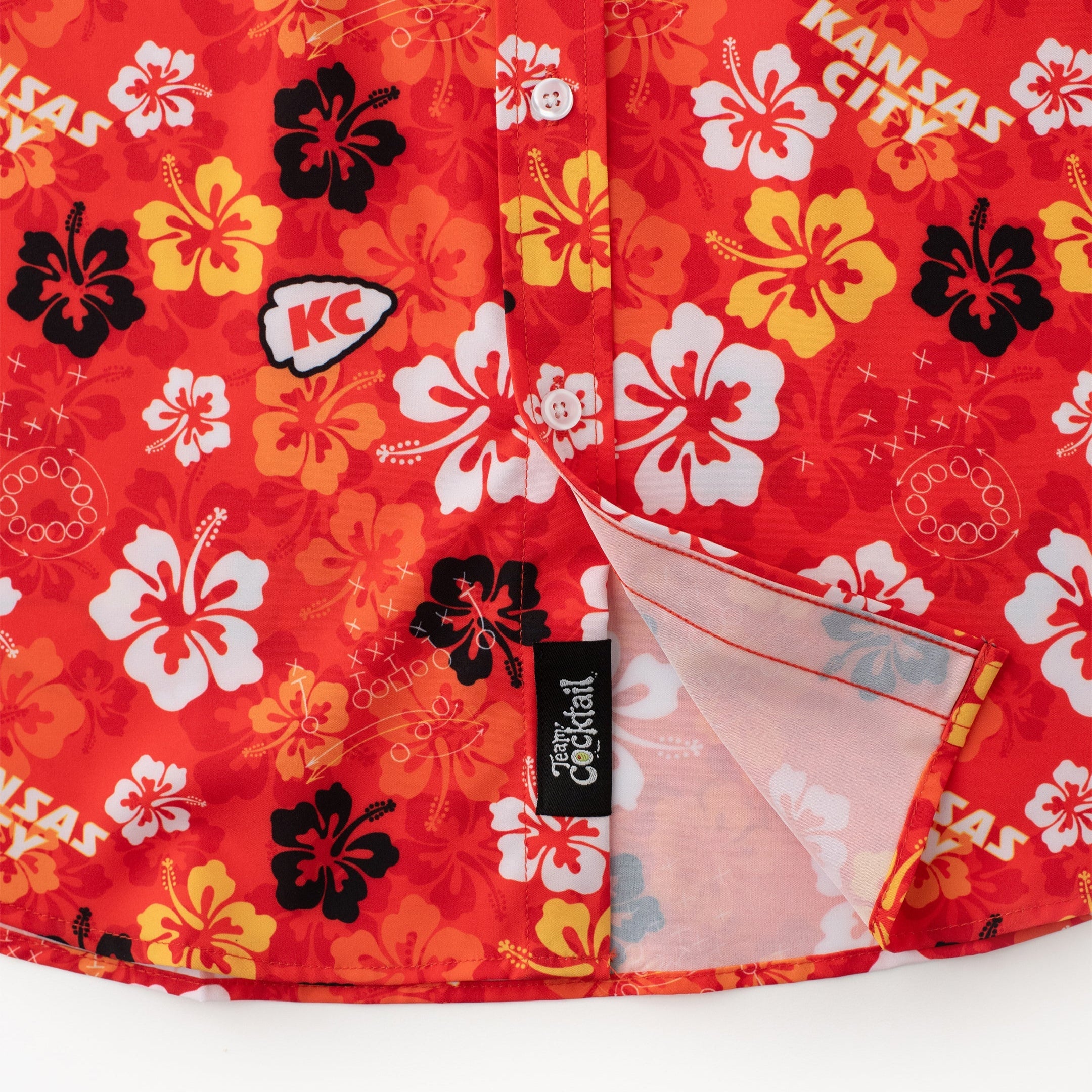 Red fabric with floral pattern and 'Kansas City' text, featuring a clear plastic bag.