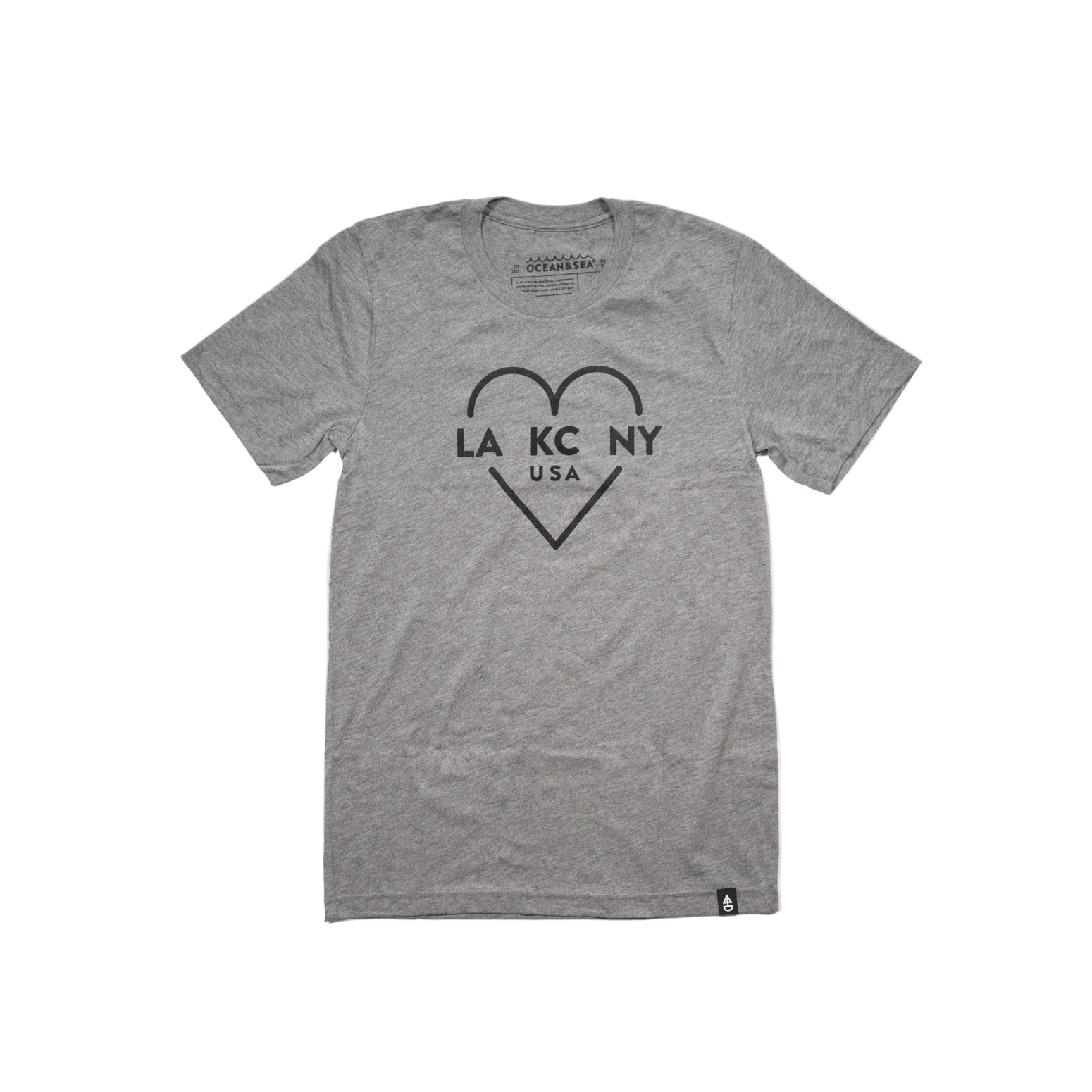 Gray t-shirt with a black heart-shaped logo and text on a white background