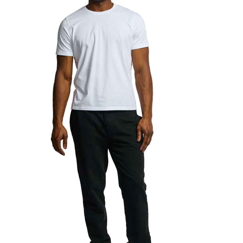 Person wearing a white t-shirt and black pants on a white background