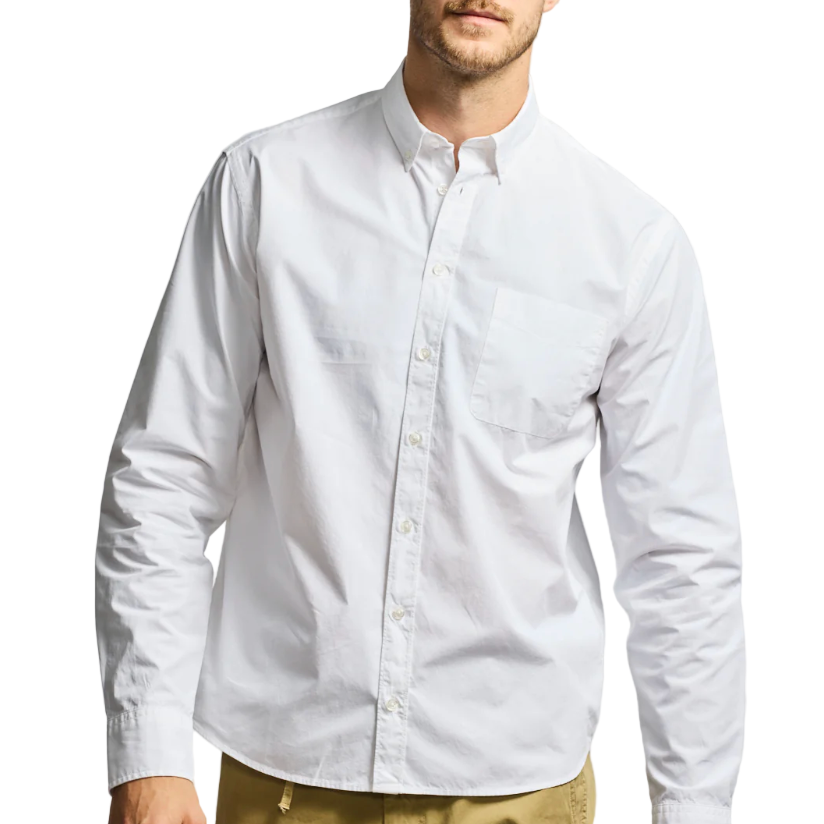 White button-up shirt worn by a person on a white background