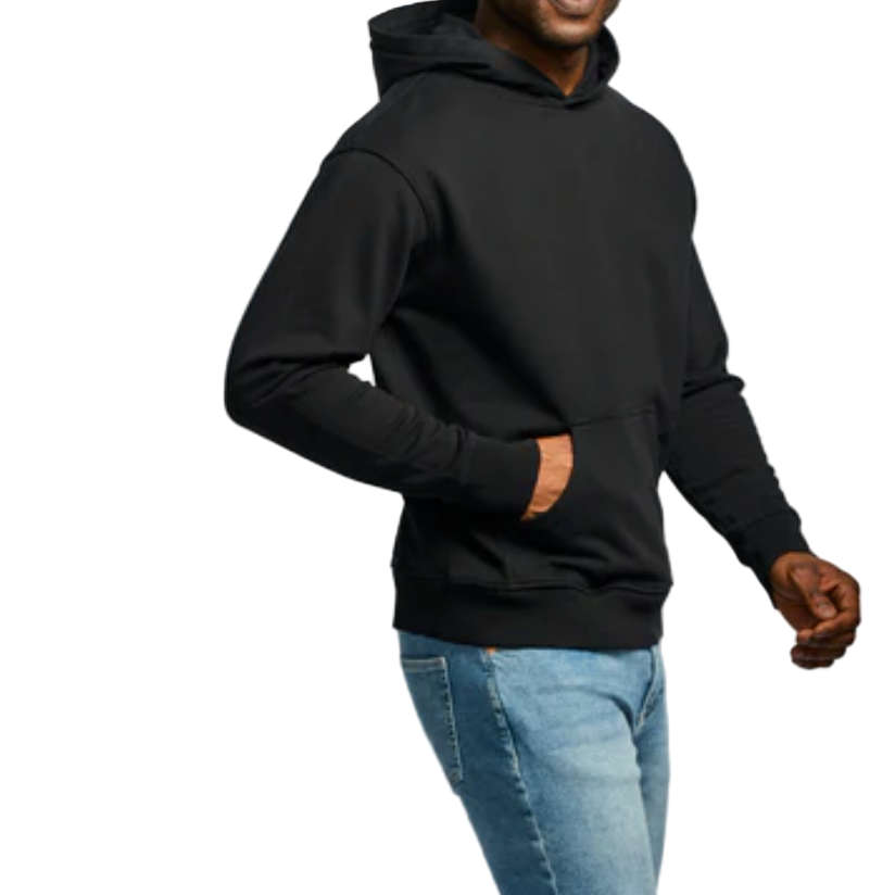 Person wearing a black hoodie and light blue jeans on a white background