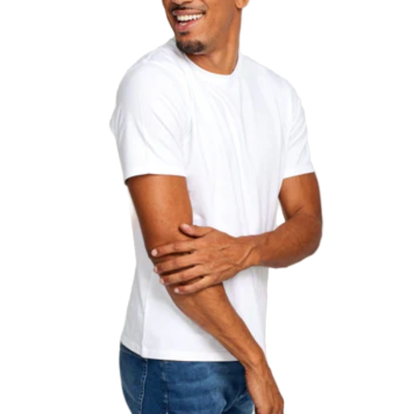 Man wearing a white t-shirt and blue jeans on a white background