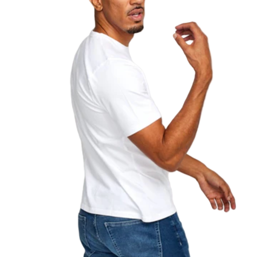 Man wearing a white t-shirt and blue jeans on a white background