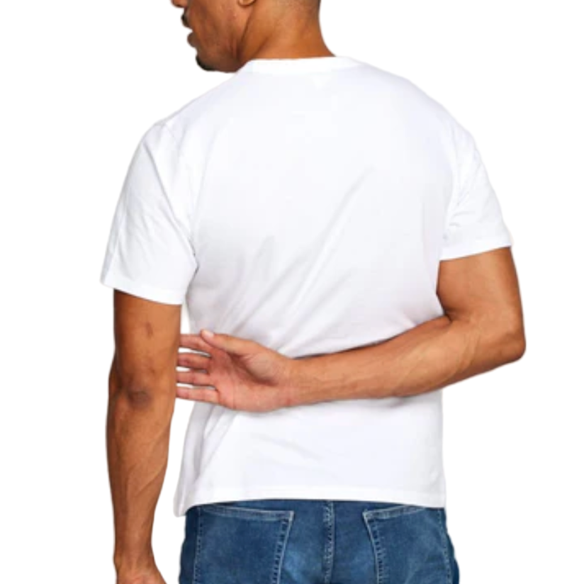 Person wearing a plain white t-shirt against a white background