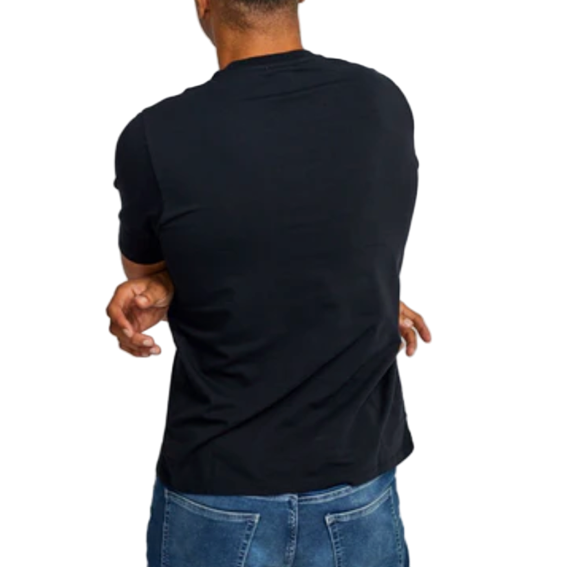 Person wearing a black t-shirt and blue jeans on a white background