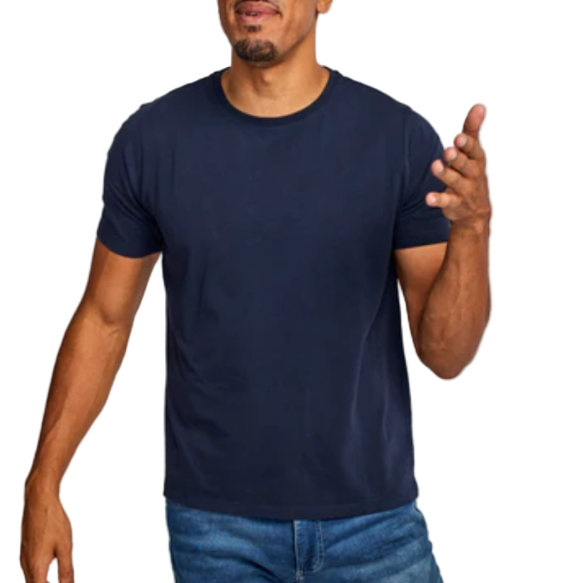 Man wearing a navy blue t-shirt against a white background