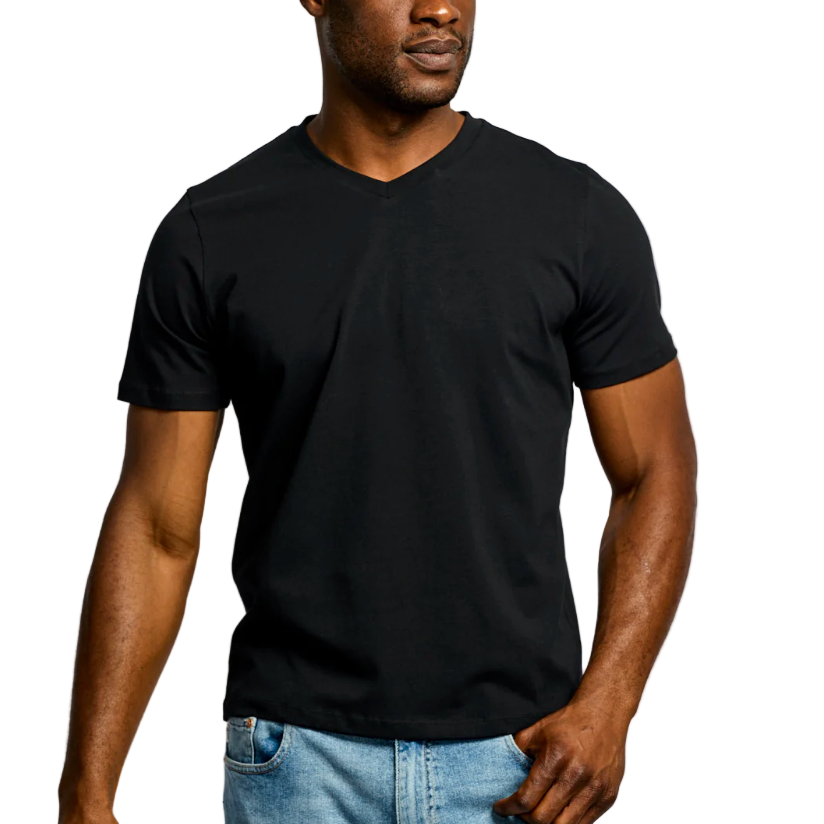 Man wearing a black t-shirt against a white background