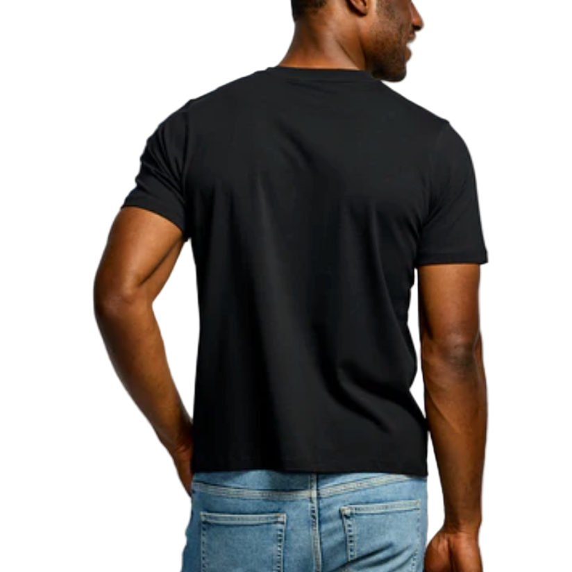 Man wearing a black t-shirt and blue jeans on a white background