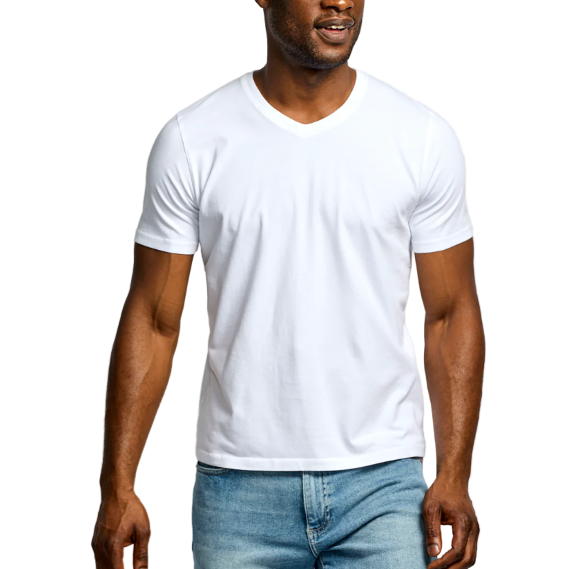 Man wearing a plain white t-shirt and light blue jeans on a white background