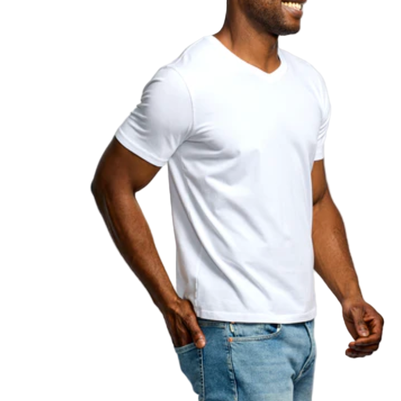 Man wearing a plain white t-shirt and blue jeans on a white background