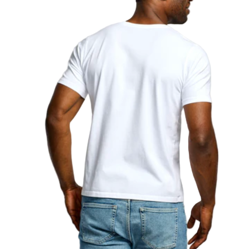 Person wearing a plain white t-shirt and light blue jeans on a white background