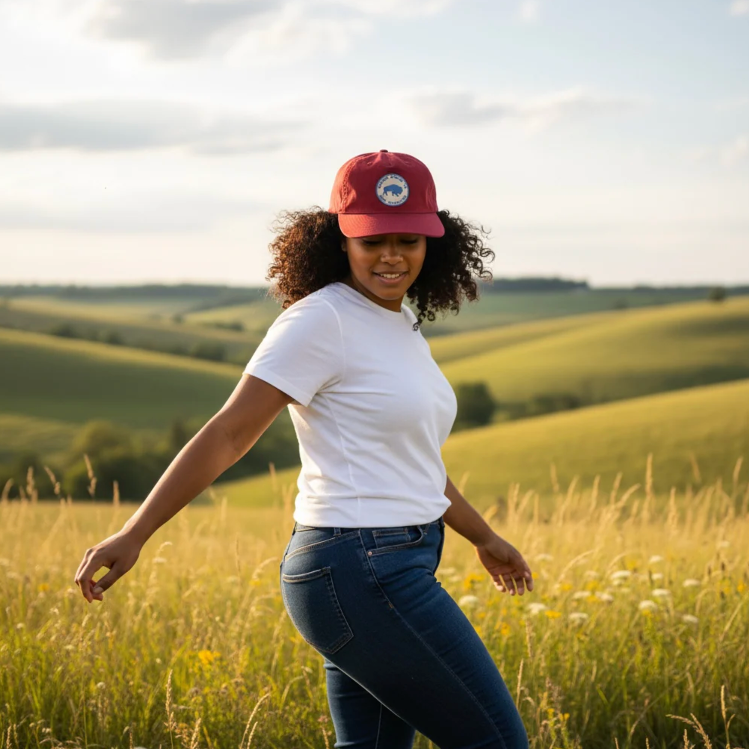 Person wearing a red cap and white shirt standing in a field with green hills in the background