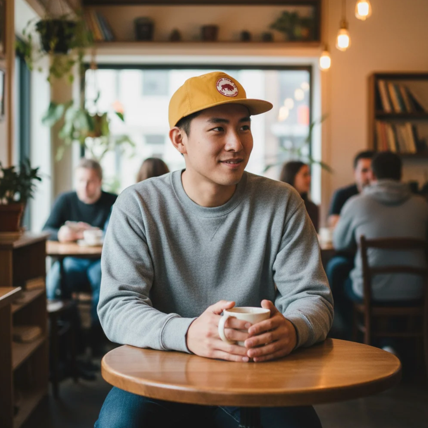Man sitting at a table in a cafe holding a cup, wearing a yellow cap and gray sweater.
