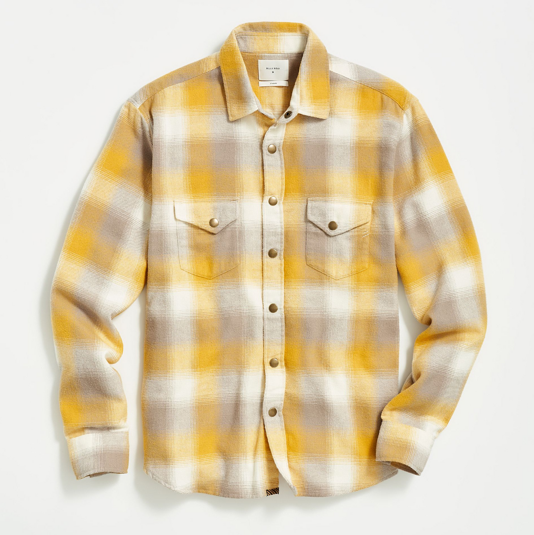 Billy Reid - Flannel Bold Plaid Western Snap Front Shirt - Natural / Yellow