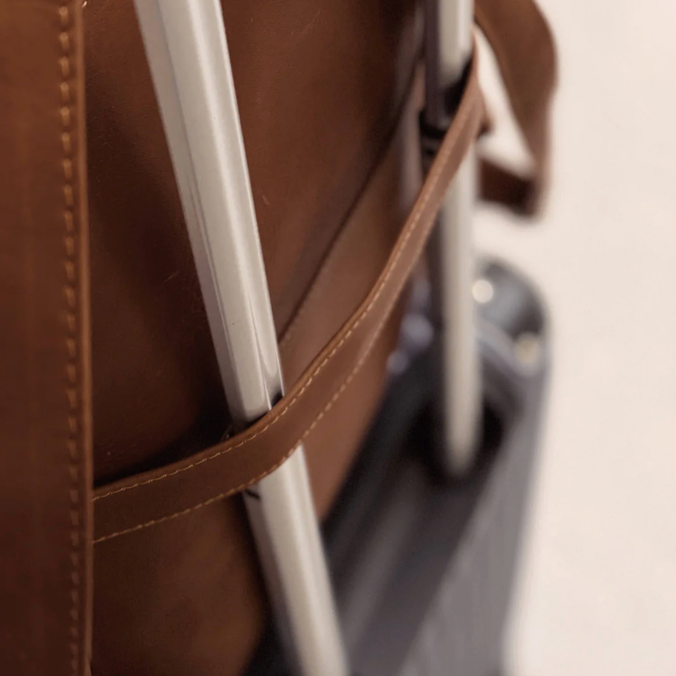 Close-up of a brown suitcase handle with a blurred background