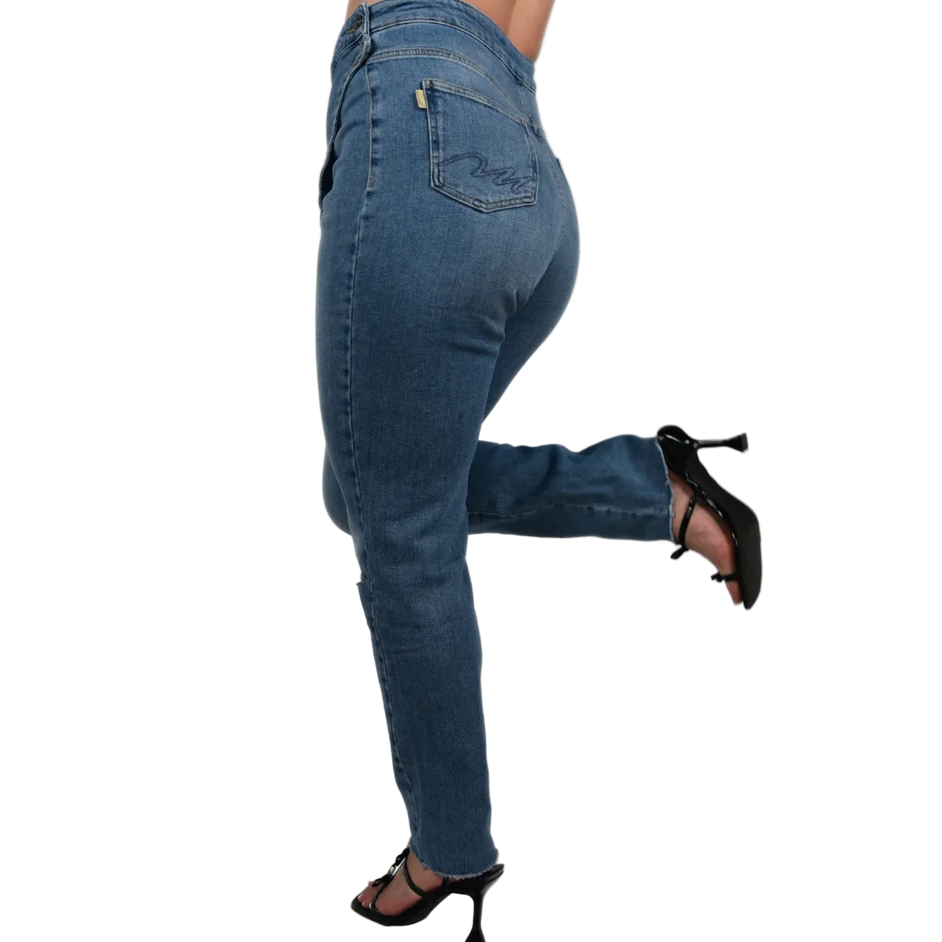 Blue jeans worn by a person on a white background