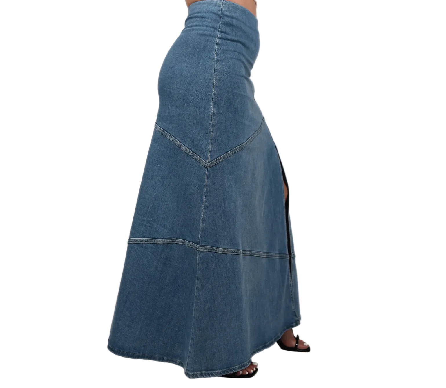 Long denim skirt with a side slit on a white background