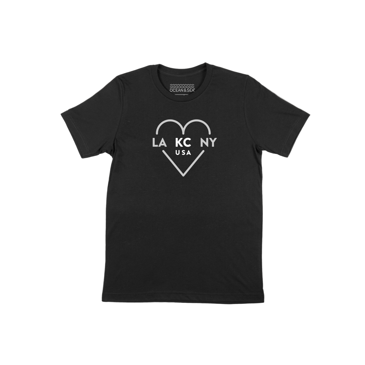 Black t-shirt with a white heart-shaped logo on a white background