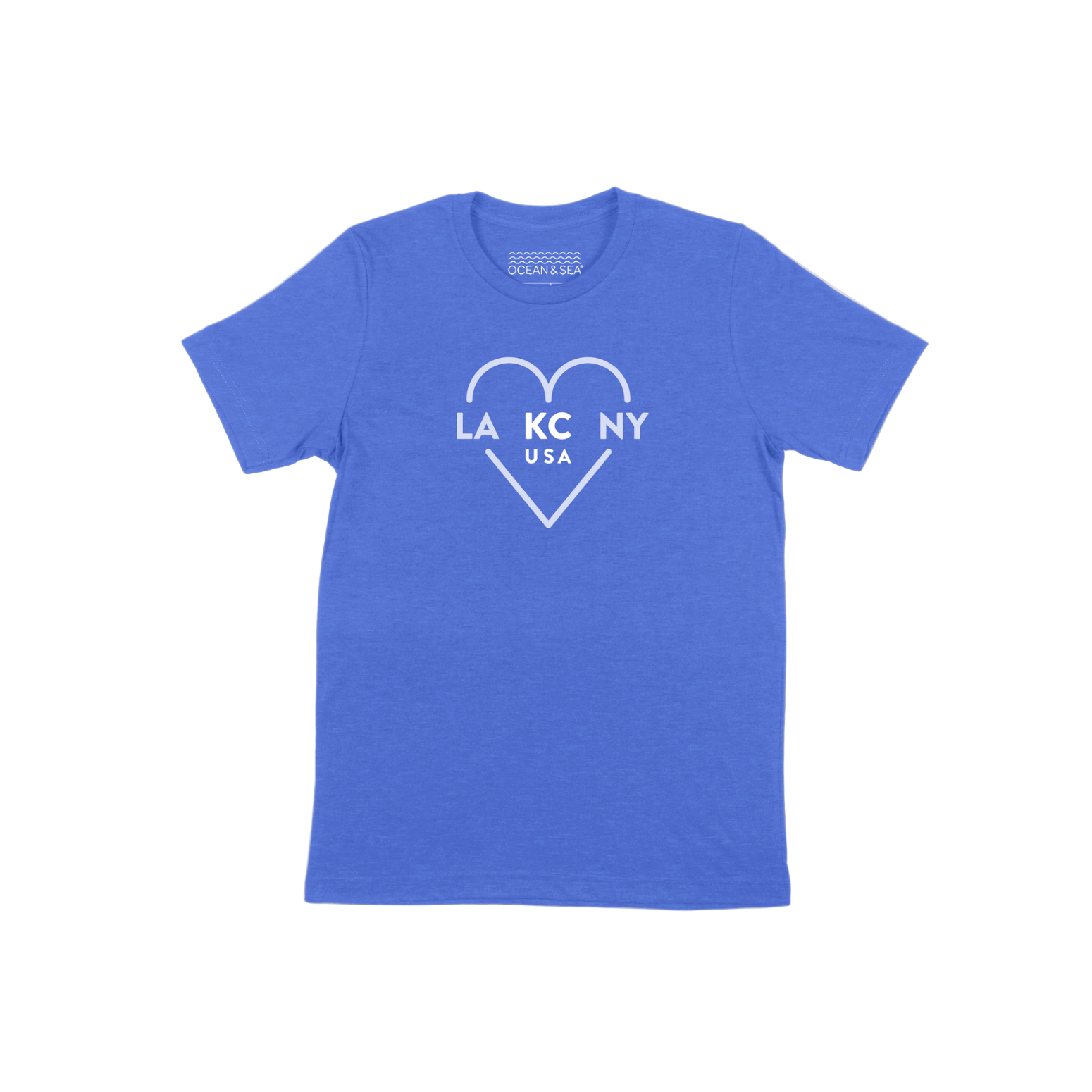 Blue t-shirt with a white heart-shaped design and text on a white background
