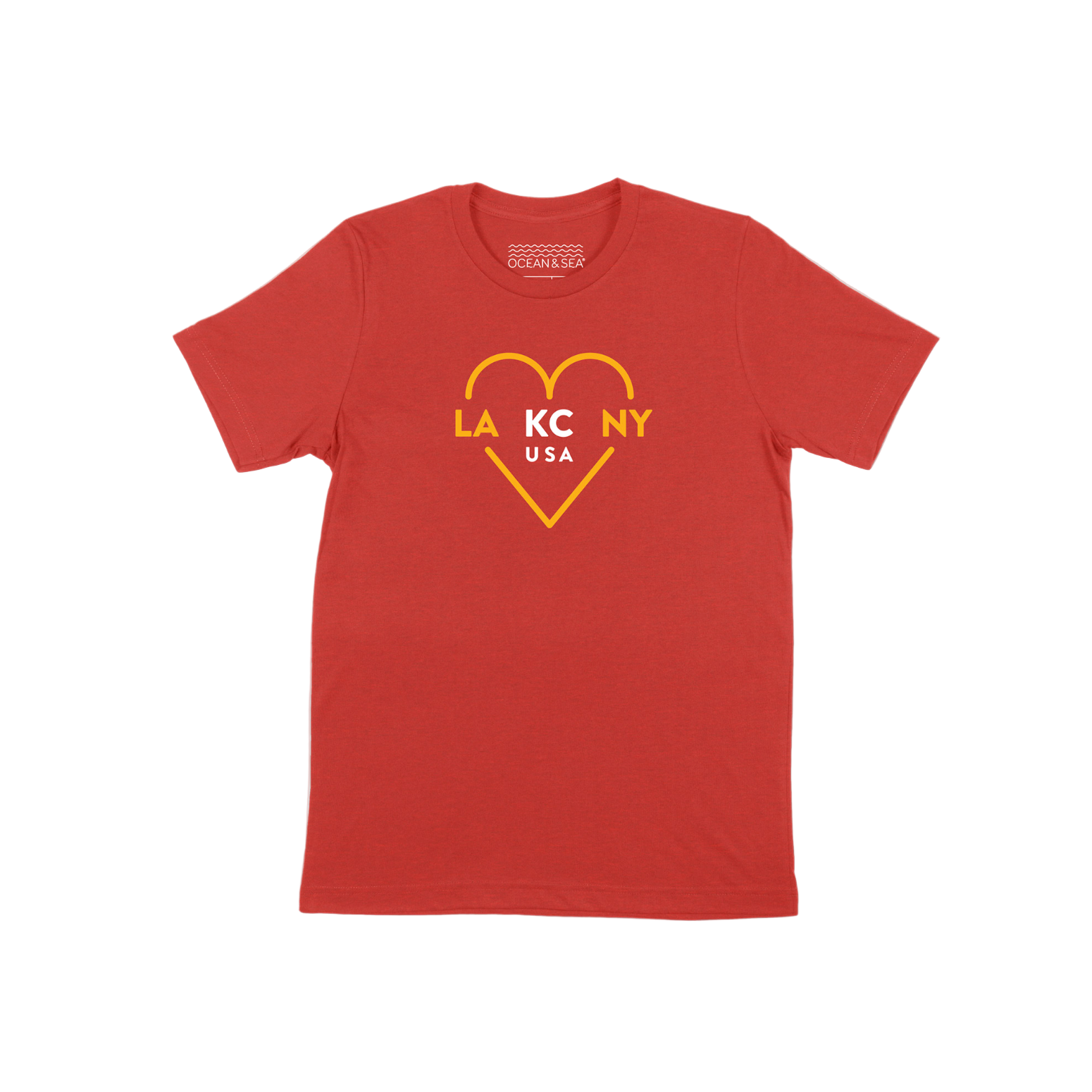 Red t-shirt with a yellow heart-shaped design featuring 'LA KC NY USA' on a white background