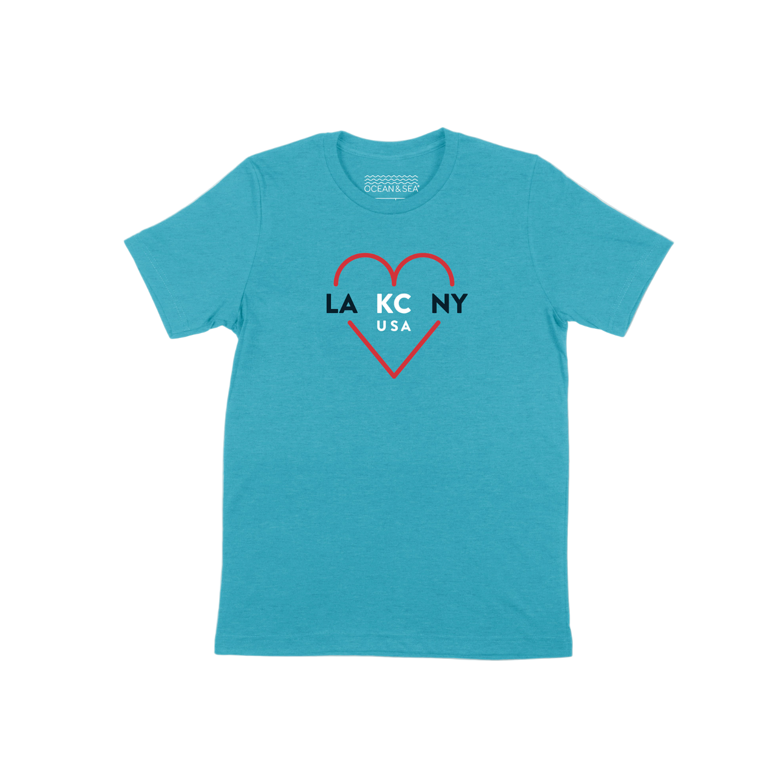 Blue t-shirt with a red heart and text on a white background