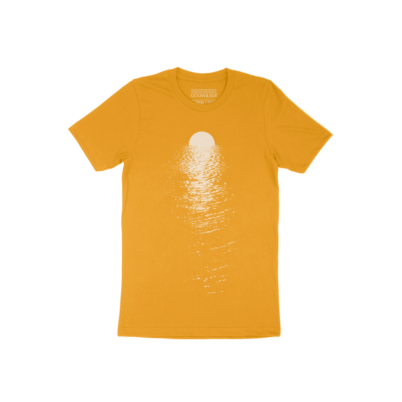 Mustard yellow t-shirt with a white graphic on a beige background