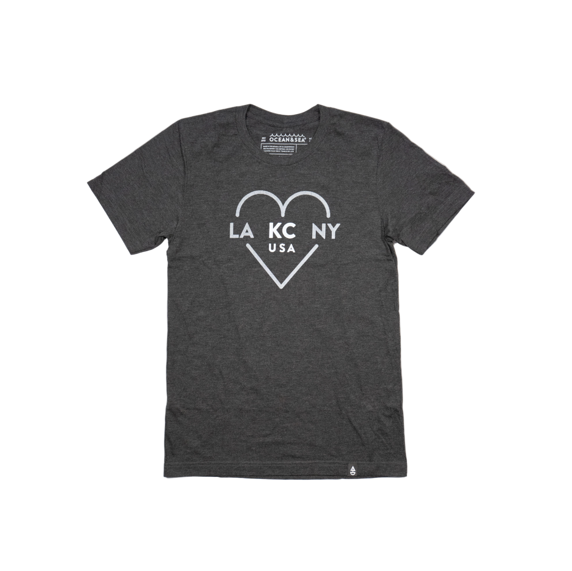 Gray t-shirt with a heart-shaped 'LA KC NY USA' design on a white background