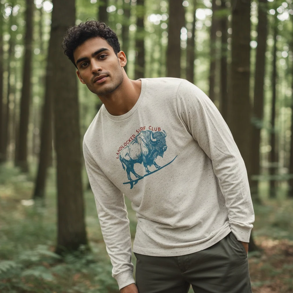 Man wearing a long-sleeve shirt with a graphic design in a forest setting