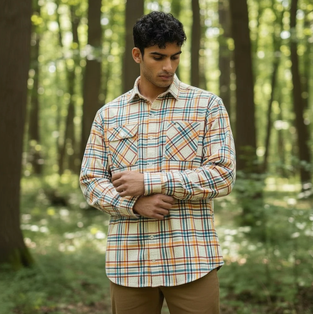 Man wearing a plaid shirt in a forest setting