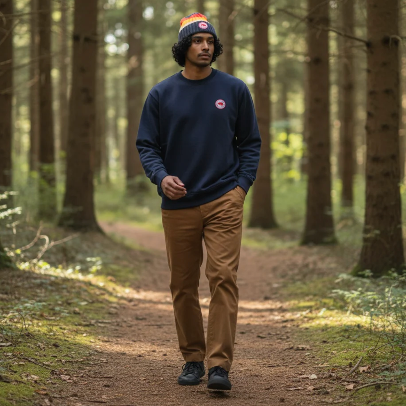 Man walking on a path in a forest wearing a navy sweatshirt and brown pants.