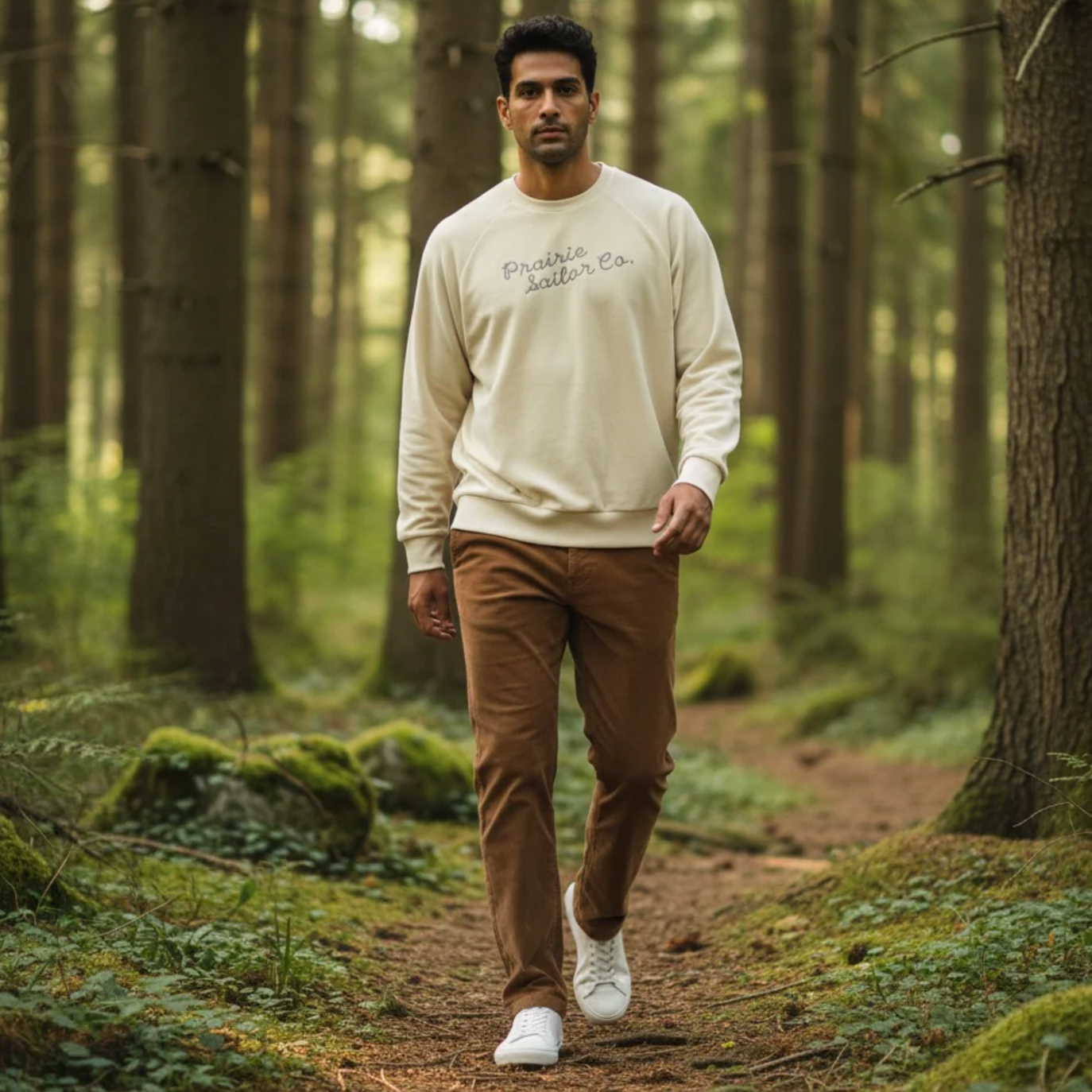 Man walking through a forest wearing a beige sweatshirt and brown pants.