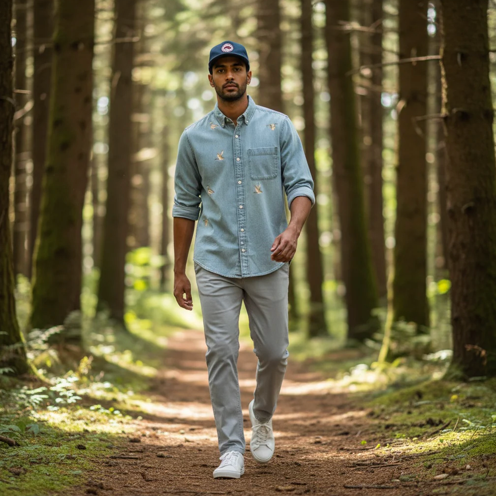 Man walking on a path in a forest wearing a light blue shirt and cap.
