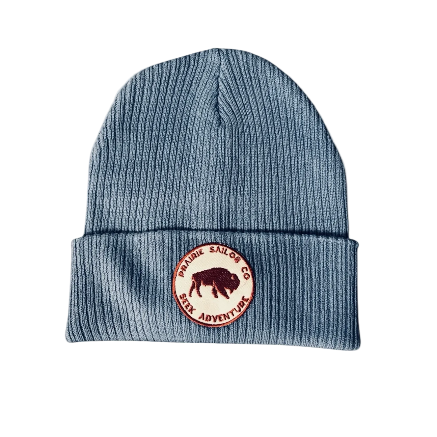 Blue beanie with a logo on a white background