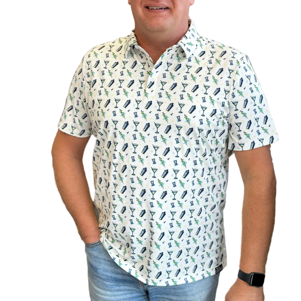 Man wearing a patterned shirt on a white background
