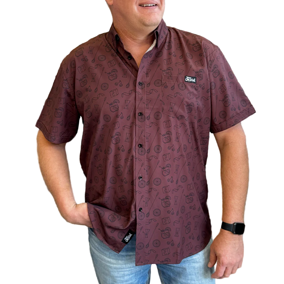 Man wearing a patterned shirt on a white background