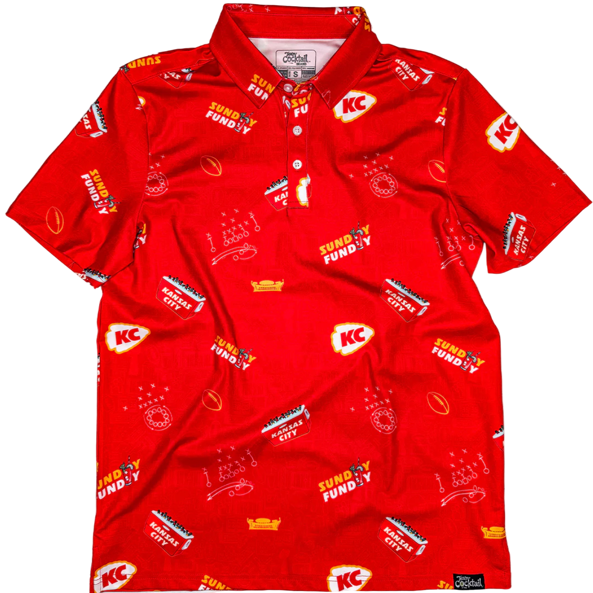 Red polo shirt with multiple brand logos on a white background