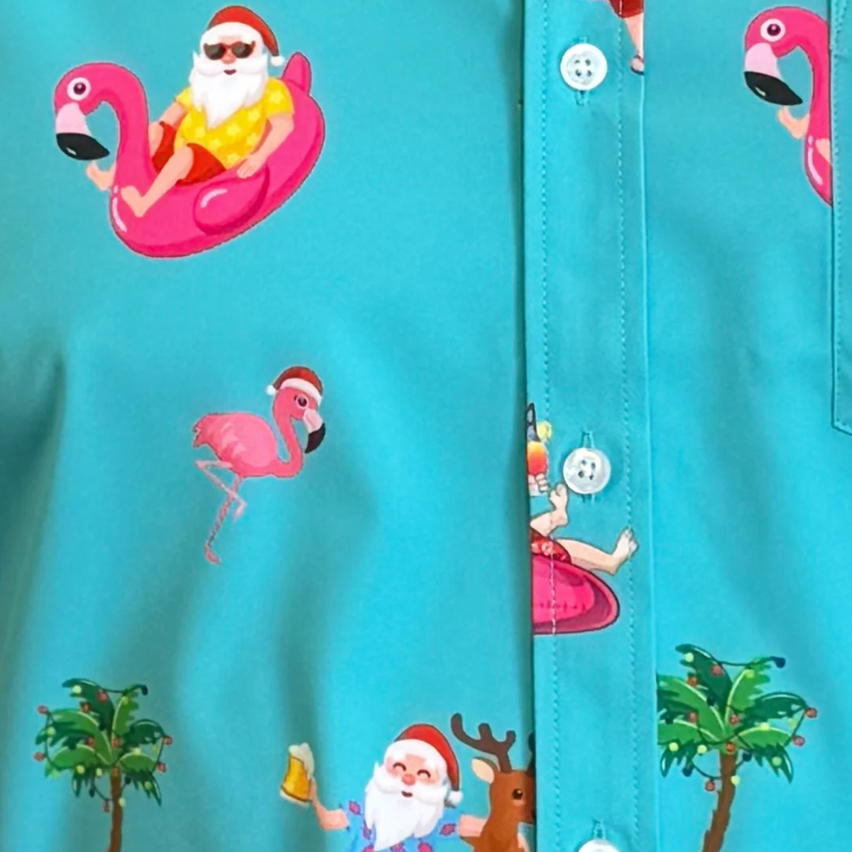 Shirt with Christmas-themed flamingo and Santa Claus design on a turquoise background