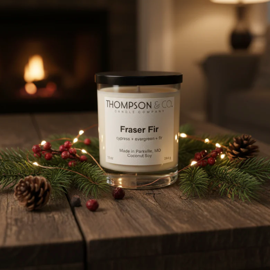 Thompson & Co candle with Christmas decor on a wooden surface