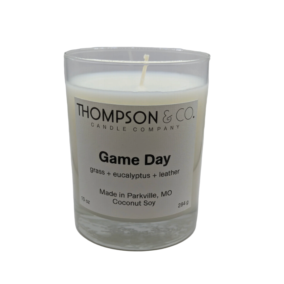 Thompson & Co. candle labeled 'Game Day' on a white background