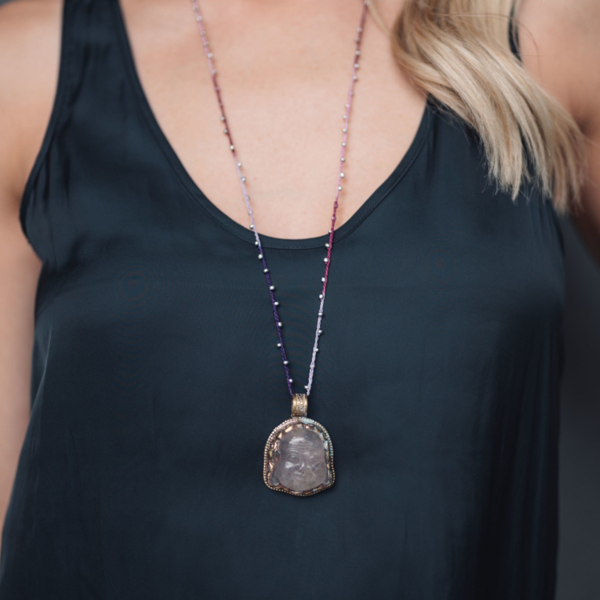 Native Gem - Laughing Buddha Hand Crochet Necklace - Rose Quartz