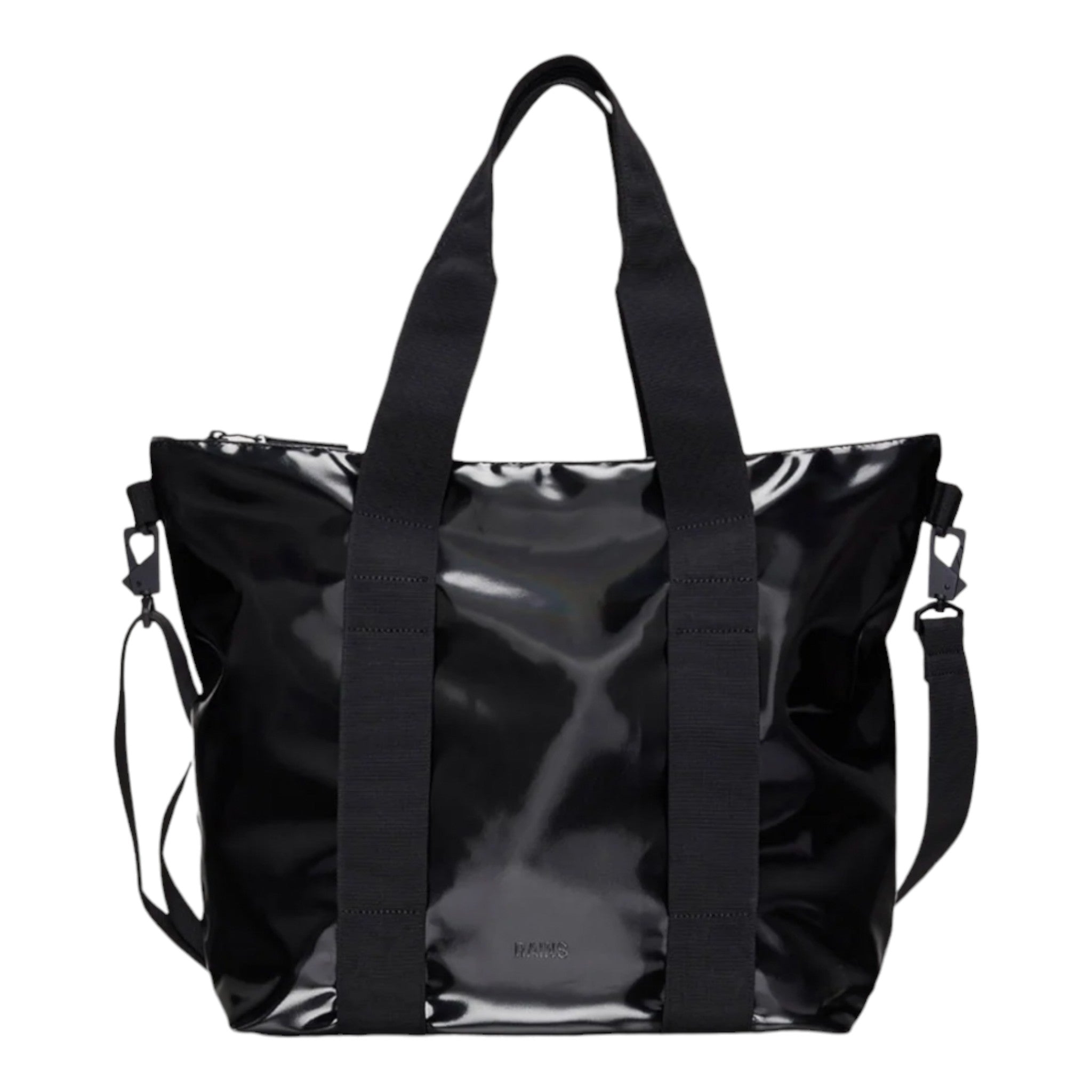 small black tote bag with regular handles + an adjustable shoulder strap featuring a slick and shiny look to the fabric