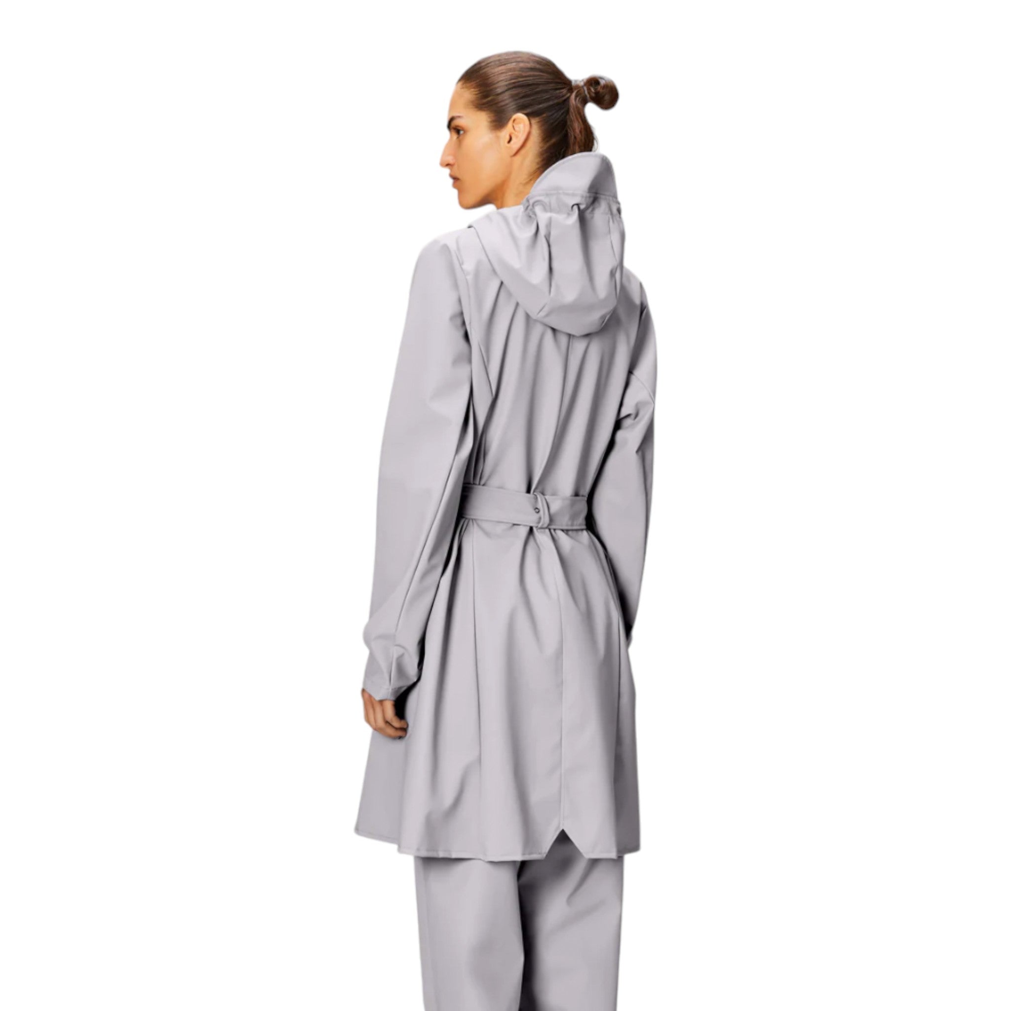 hooded, light grey trench coat style rain coat with waist tie and 2 snap closure pockets on the front