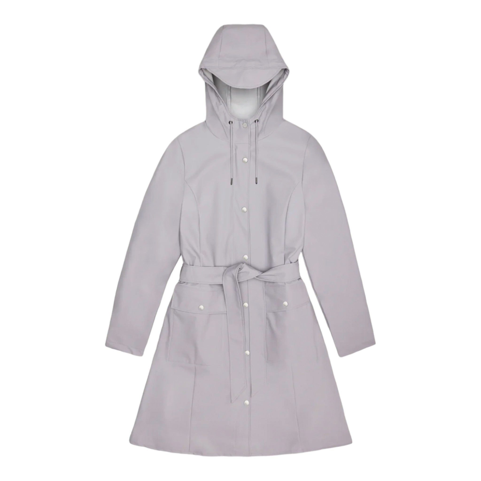 hooded, light grey trench coat style rain coat with waist tie and 2 snap closure pockets on the front