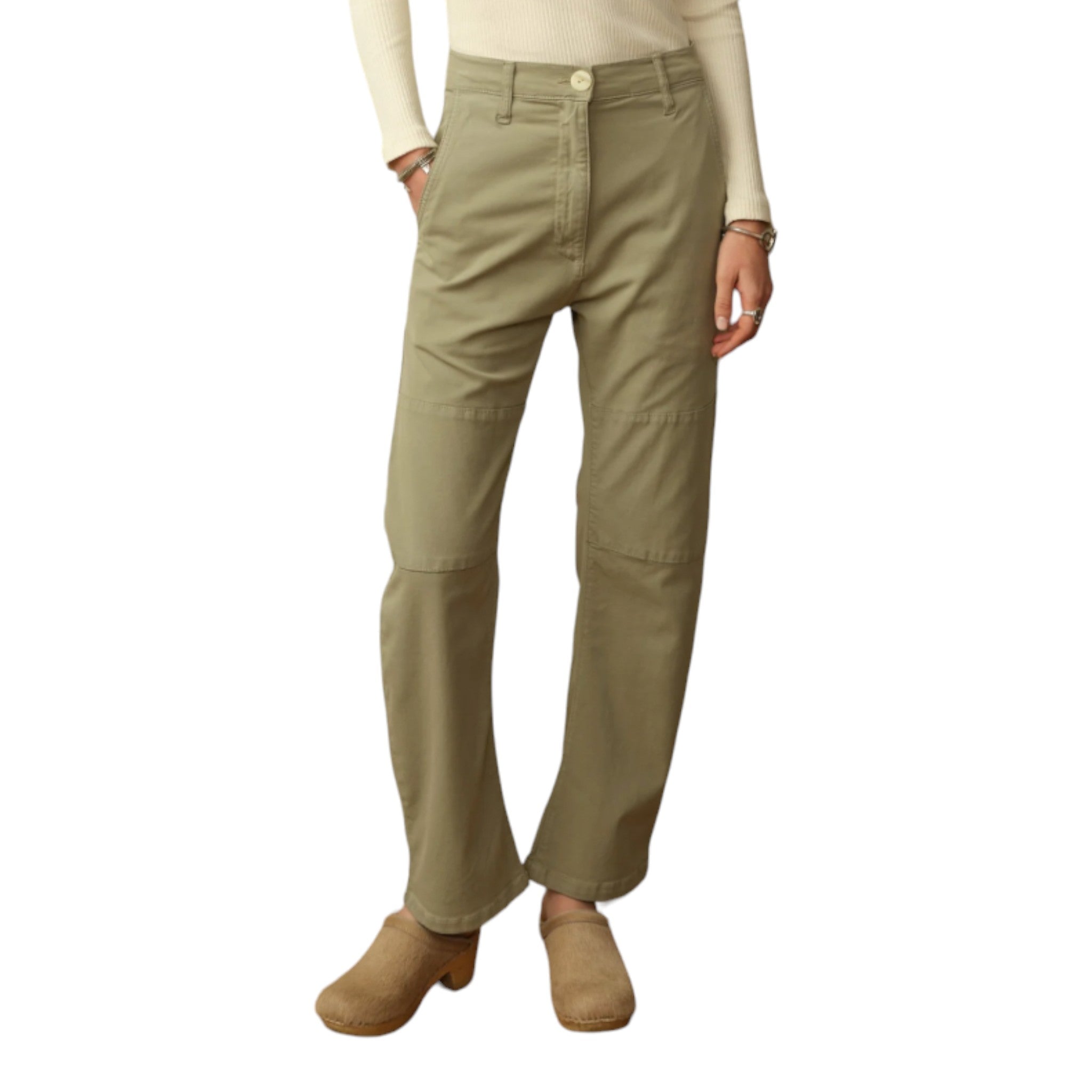khaki green pant featuring a button and zip closure, belt loops, slant pockets in the front and patch pockets in the back