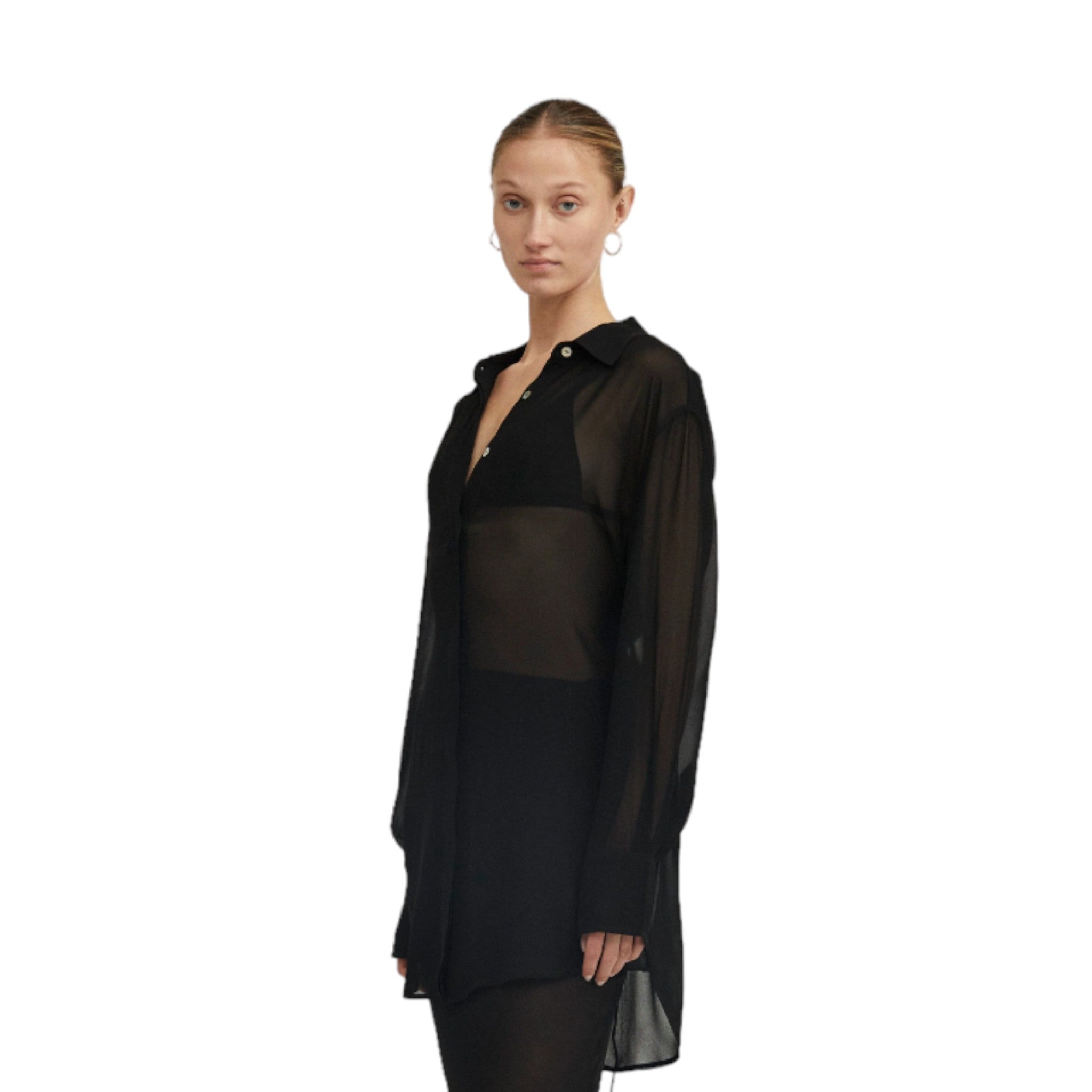 above the knee sheer black button up shirt dress with waist tie and curved hem