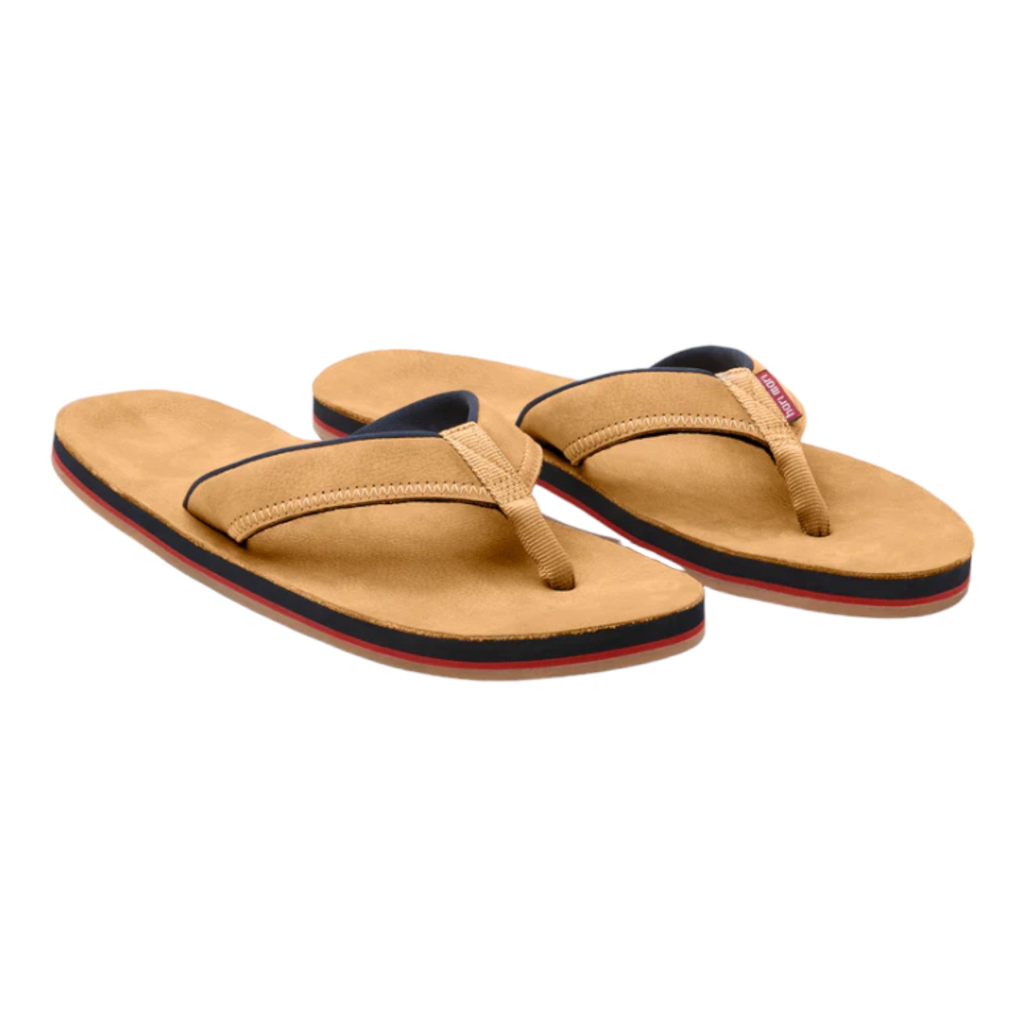 tan flip flops with navy, red, and white accents