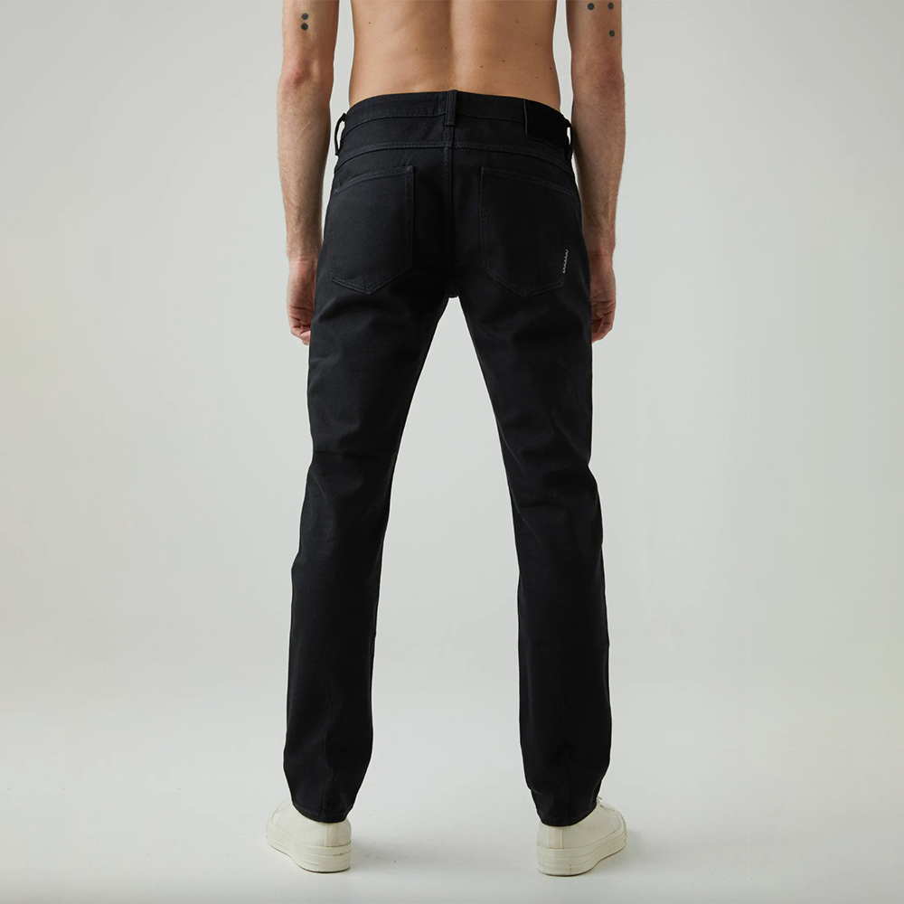 Dark wash fitted denim with button and zip closure