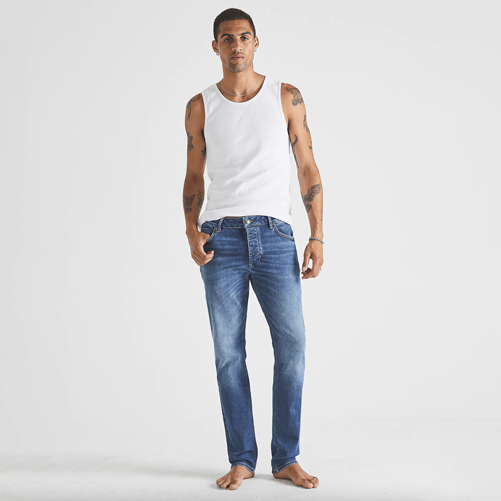 Blue fitted denim with button and zip closure